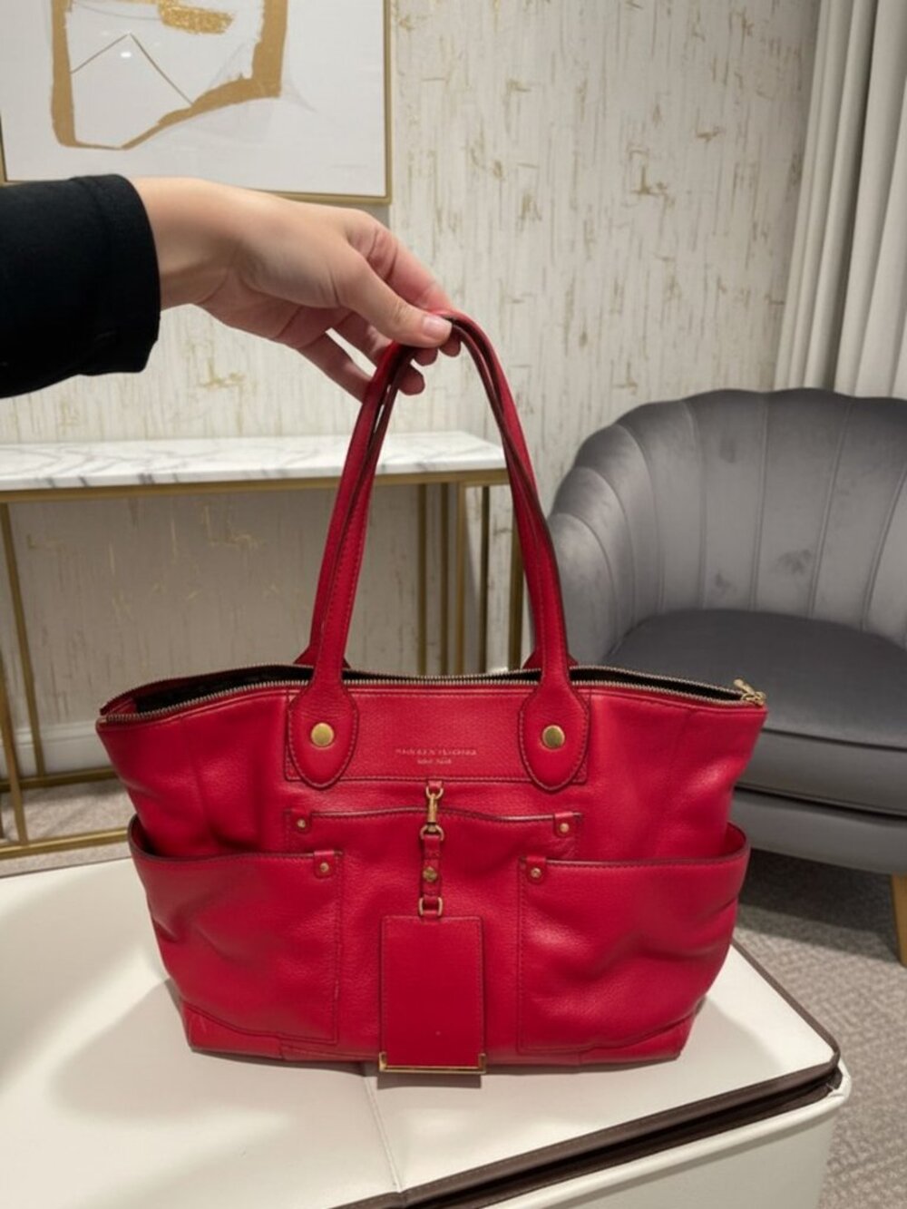 MARC by MARC JACOBS Red Leather Zip Shoulder Bag Satchel 3 Outside Pockets